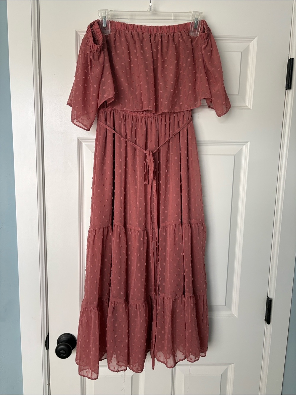 Baltic Born Off-Shoulder Dusty Rose Swiss Dot Midi Dress with Tie Waist